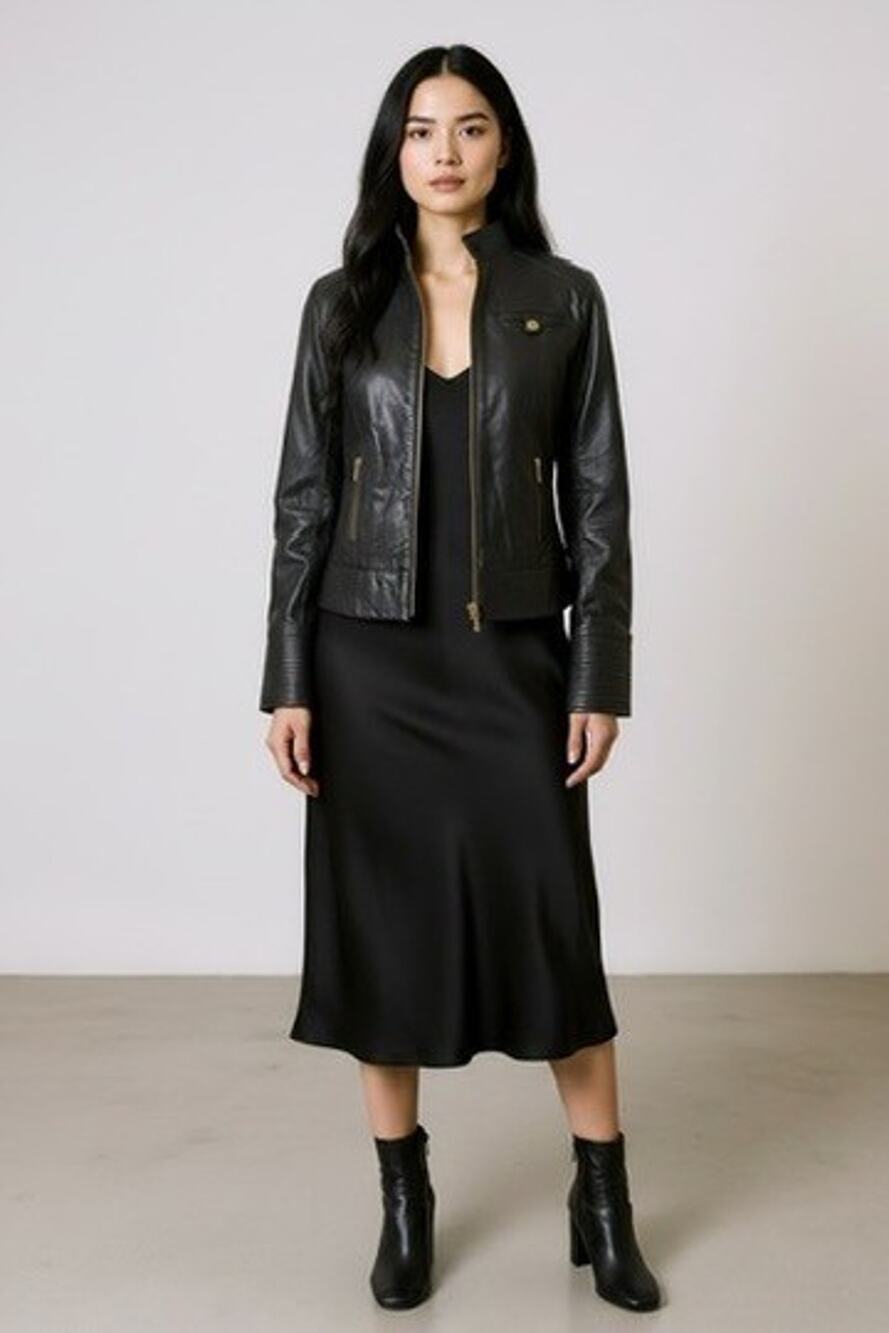 Y2K Arden B Lamb Leather Moto Jacket Black Gold Zip High Collar Size S
